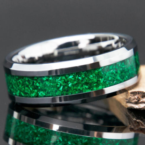 Men 8mm Tungsten Beveled Edges Crushed Malachite Stone Inlay Wedding Band
